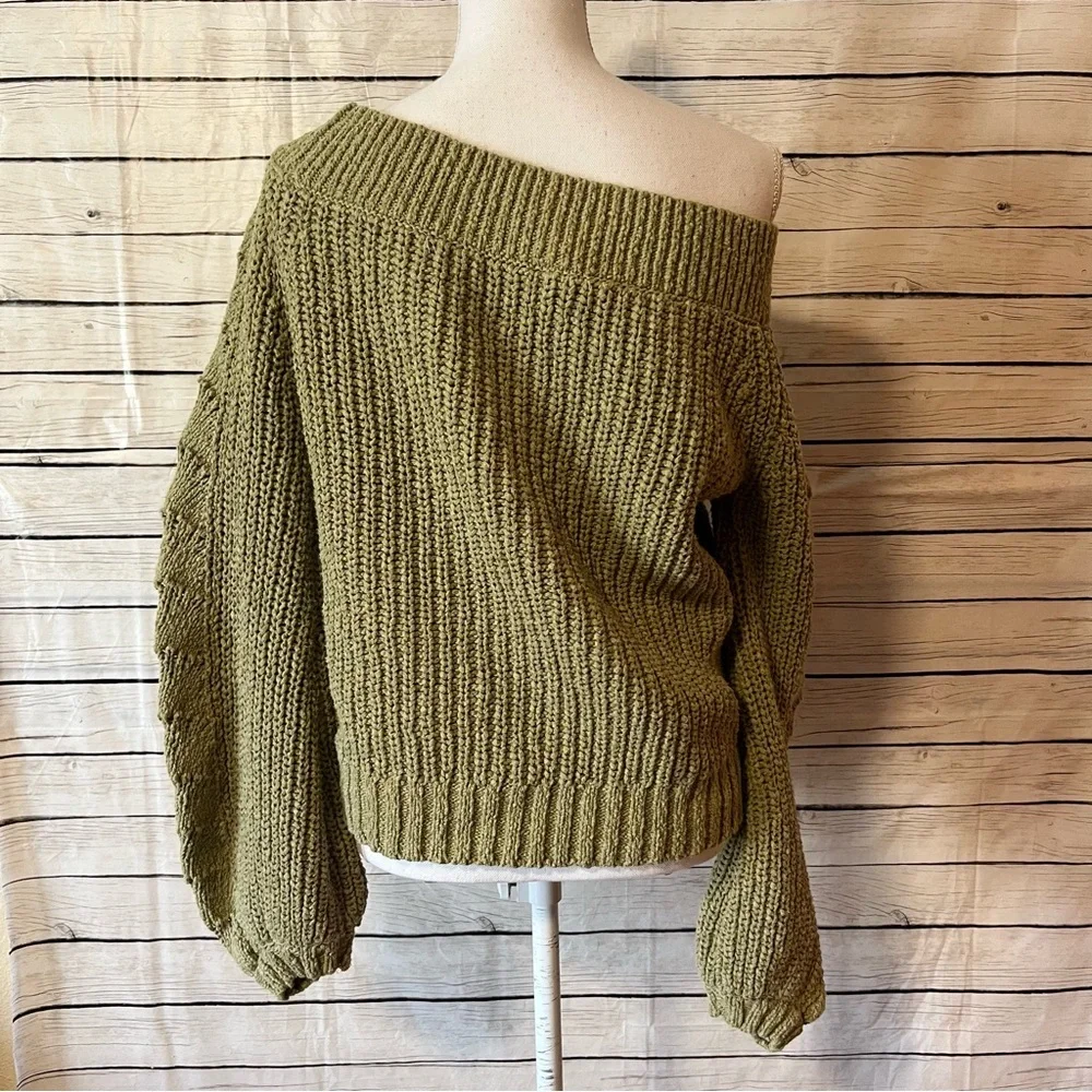 Pilcro Anthropologie Chunky Knit Balloon Sleeve Cotton Sweater Olive Green Med